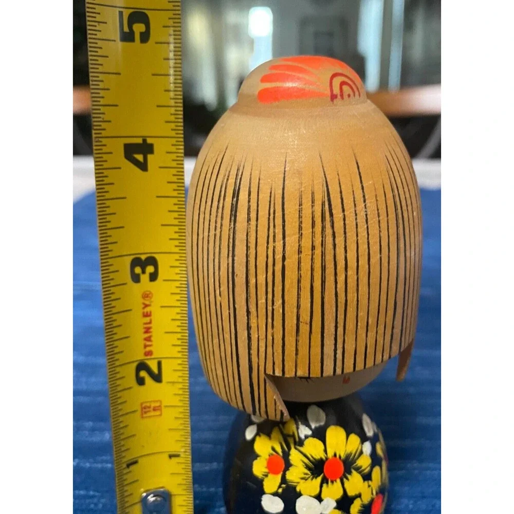 Kokeshi Japanese Wooden Handmade Doll Vintage Hand Painted Yellow Floral 5” 998A